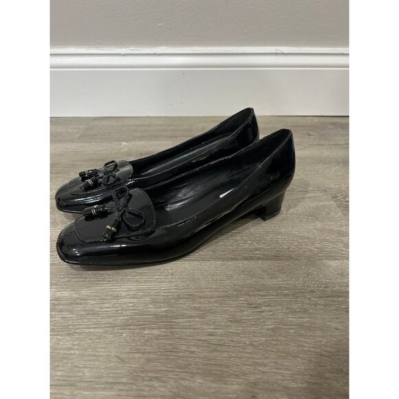 Spiegel Vintage Square Toe Bow Shiny Black Leather Heels Women's Size 8.5 - Picture 3 of 5